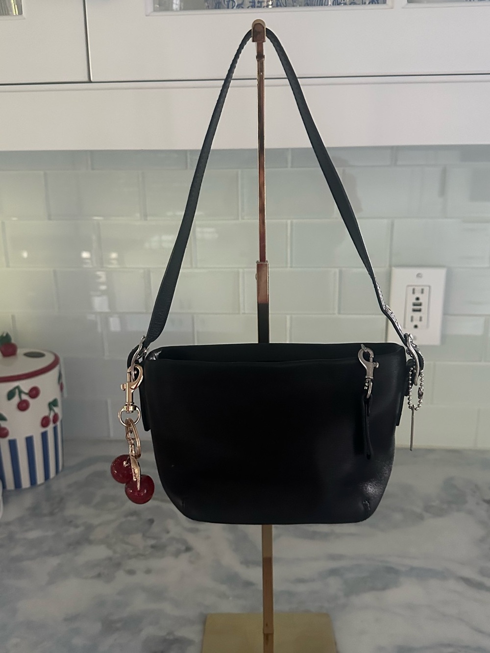 Y2K Coach Legacy Mini Black Gloved Leather Shoulder Bag with Cherry Charm